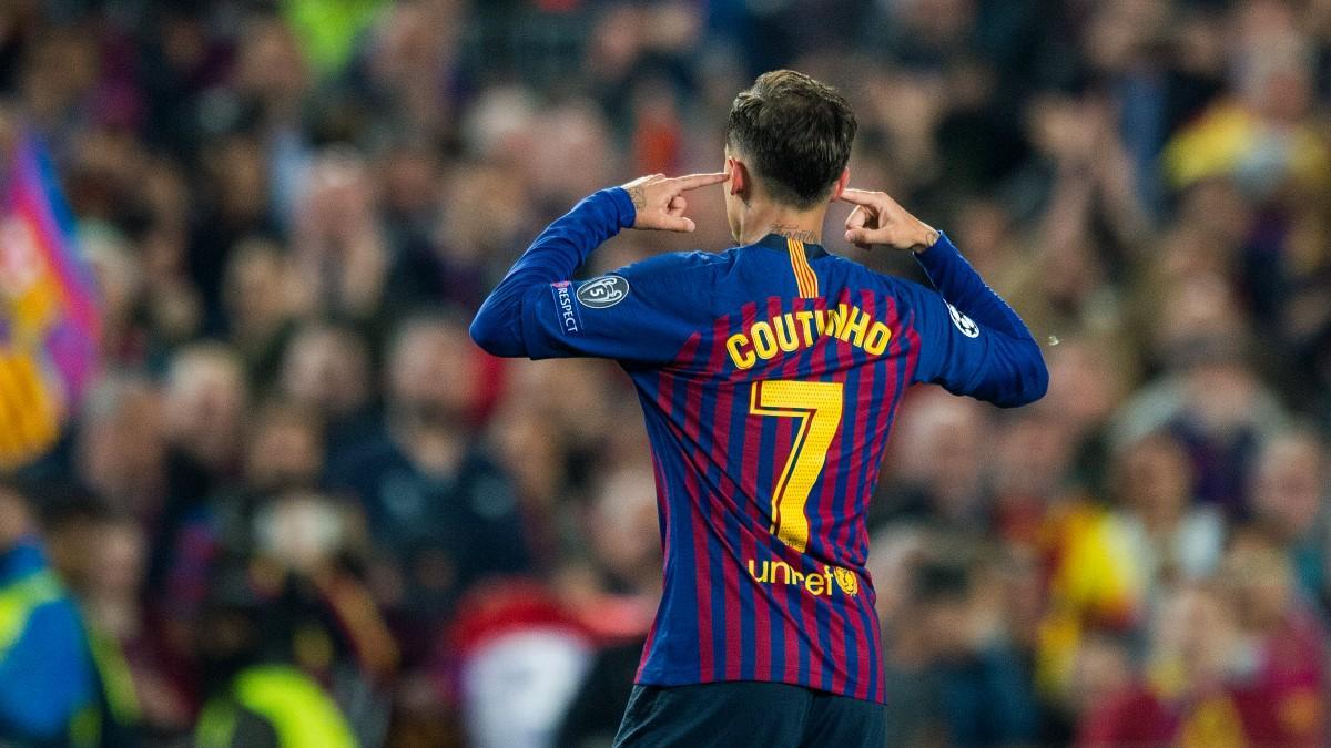 Philippe Coutinho celebra un gol con el Barça tapándose los oídos