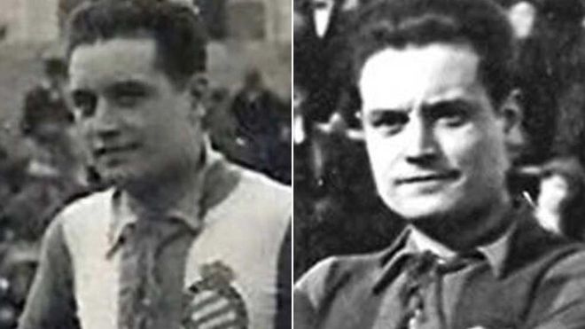 Dos imágenes de Luis Blanco Peyrona. Una con la camiseta del RCD Espanyo y otra con la del FC Barcelona Dos imágenes de Luis Blanco Peyrona. Una con la camiseta del RCD Espanyo y otra con la del FC Barcelona