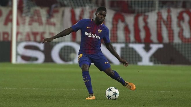 Umtiti durante el encuentro contra el Olympiacos Umtiti durante el encuentro contra el Olympiacos