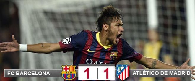 Neymar da Silva celebra su gol del empate contra el Atlético en la ida de los cuartos de final de la Champions Neymar da Silva celebra su gol del empate contra el Atlético en la ida de los cuartos de final de la Champions