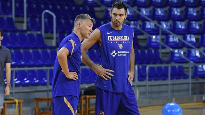 Jasikevicius y Oriola, en un entrenamiento en el Palau Jasikevicius y Oriola, en un entrenamiento en el Palau