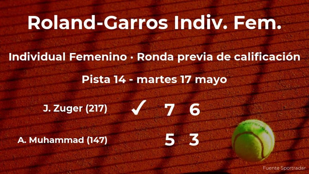 Joanne Zuger venció a Asia Muhammad en la ronda previa de calificación de Roland-Garros