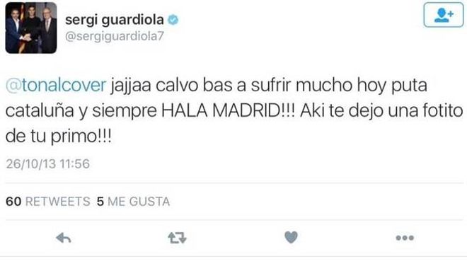 Uno de los tuits polémicos de Sergi Guardiola Uno de los tuits polémicos de Sergi Guardiola