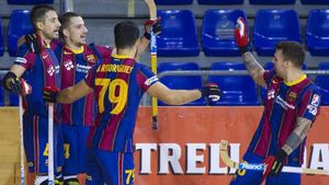 Los jugadores del Barça celebran un gol en la OK Liga Los jugadores del Barça celebran un gol en la OK Liga