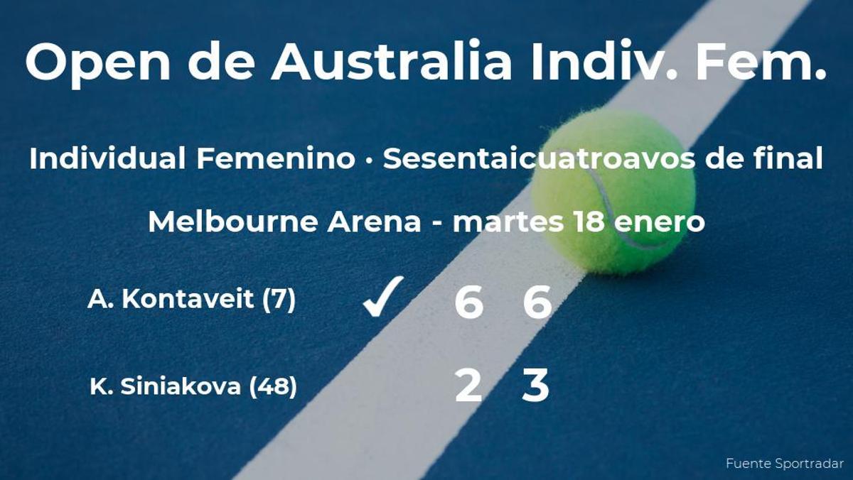 La tenista Anett Kontaveit jugará en los treintaidosavos de final tras su victoria contra la tenista Katerina Siniakova