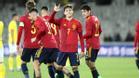 El centrocampista de la selección española sub21 Rodrigo Riquelme celebra tras marcar un gol ante Rumanía