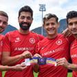 Los cuatro capitanes del Andorra posan con el brazalete