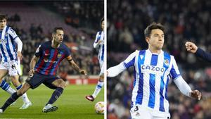 Sergio Busquets y Martín Zubimendi, en dos acciones del FC Barcelona - Real Sociedad de Copa del Rey celebrado el pasado miércoles 25 de enero en el Spotify Camp Nou