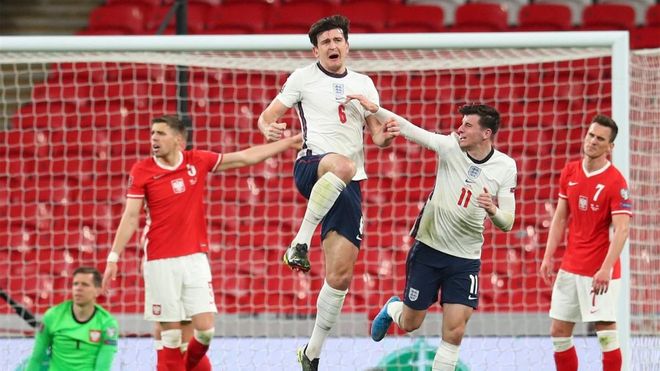 Maguire celebra su gol ante Polonia. Maguire celebra su gol ante Polonia.