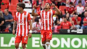 Lázaro celebra uno de sus goles contra el Mallorca