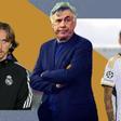 Luka Modric, Carlo Ancelotti y Joselu Mato.