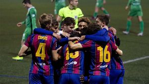Los azulgranas celebran el gol de Collado Los azulgranas celebran el gol de Collado