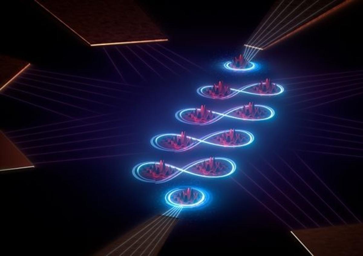 Creación artística del interior del circuito integrado cuántico que modela la cadena de carbono. Los átomos de carbono simulados están en rojo, mientras que el azul representa los electrones intercambiados entre ellos.