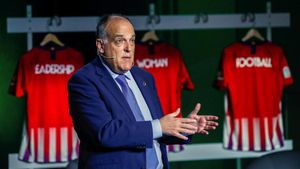 Tebas durante un acto en el Wanda Tebas durante un acto en el Wanda