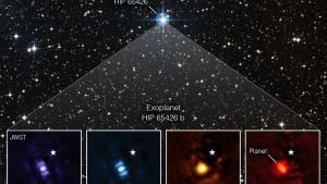 Esta imagen muestra al exoplaneta HIP 65426 b en diferentes bandas de luz infrarroja, visto desde el Telescopio Espacial James Webb.
