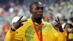Bolt con su medalla de oro en la final de los 200 metros en Pekín 2008 Bolt con su medalla de oro en la final de los 200 metros en Pekín 2008