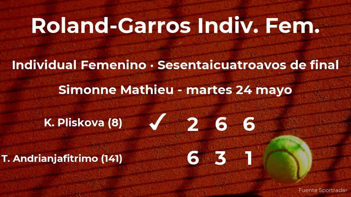 La tenista Karolina Pliskova vence en los sesentaicuatroavos de final de Roland-Garros
