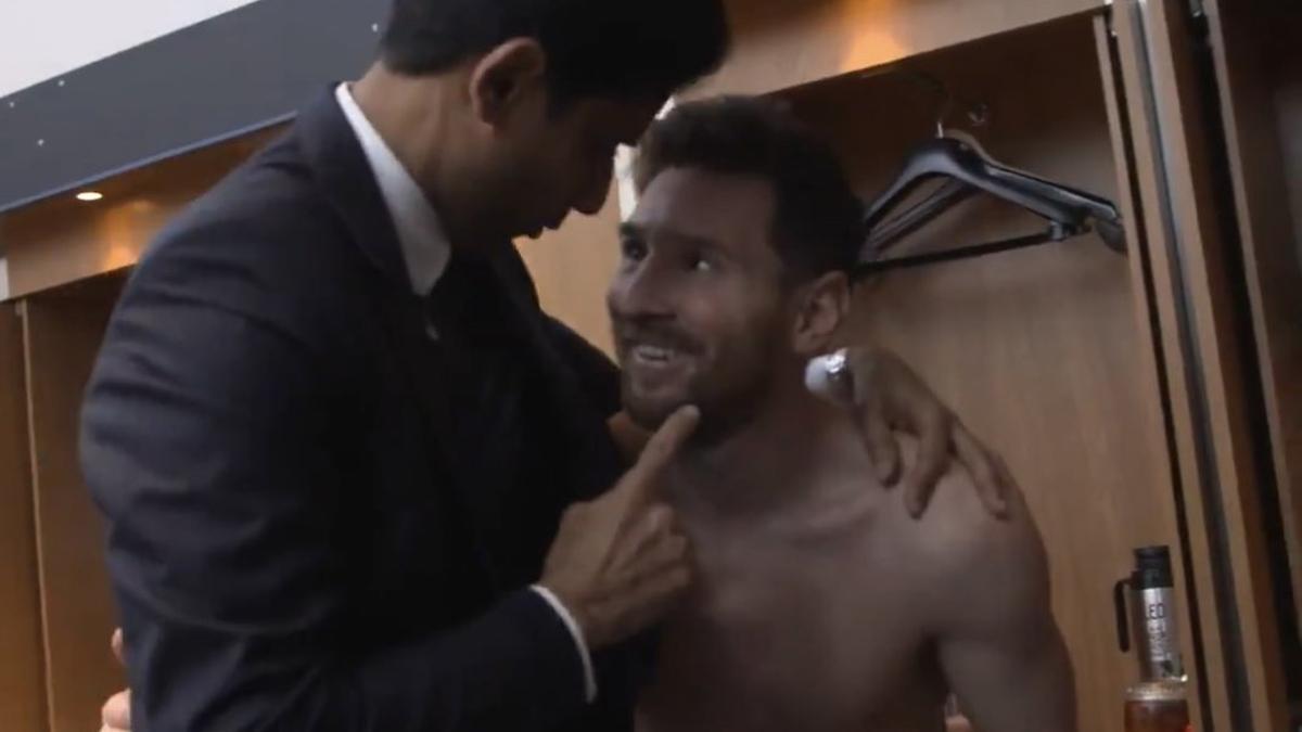 Baja Al-Khelaifi al vestuario tras la victoria del PSG... ¡y se ve un sentido abrazo con Leo Messi!