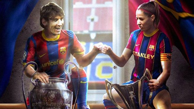 Messi y Vicky Losada junto a la Champions masculina y femenina Messi y Vicky Losada junto a la Champions masculina y femenina