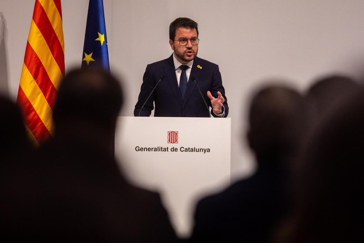 El presidente de la Generalitat, Pere Aragonès, interviene en un acto para conmemorar el Día de Europa. Foto de archivo