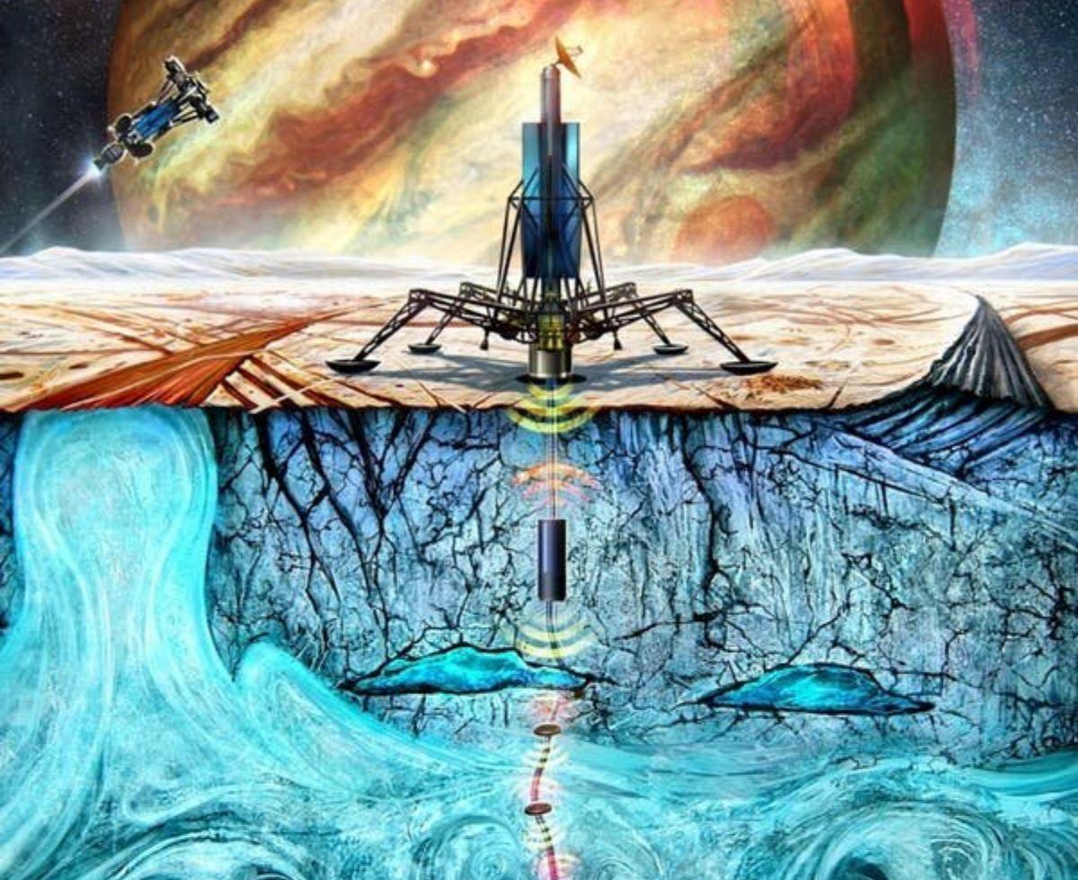 Recreación artística que muestra a un módulo de aterrizaje utilizando una sonda para derretir un agujero a través del hielo, que luego libera un enjambre de robots nadadores. Recreación artística que muestra a un módulo de aterrizaje utilizando una sonda para derretir un agujero a través del hielo, que luego libera un enjambre de robots nadadores.