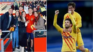 Gavi con su familia, y Gavi con Piqué en el Barça