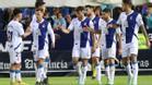 Los jugadores del RCD Espanyol celebran su tercer gol ante el Rincón