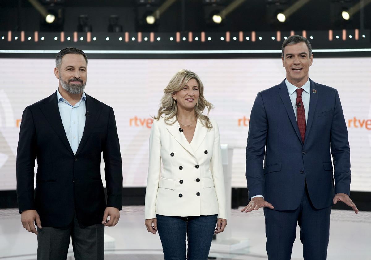 Debate en RTVE para las elecciones generales del 23J en el que participan Pedro Sánchez (PSOE), Yolanda Díaz (Sumar) y Santiago Abascal (Vox).