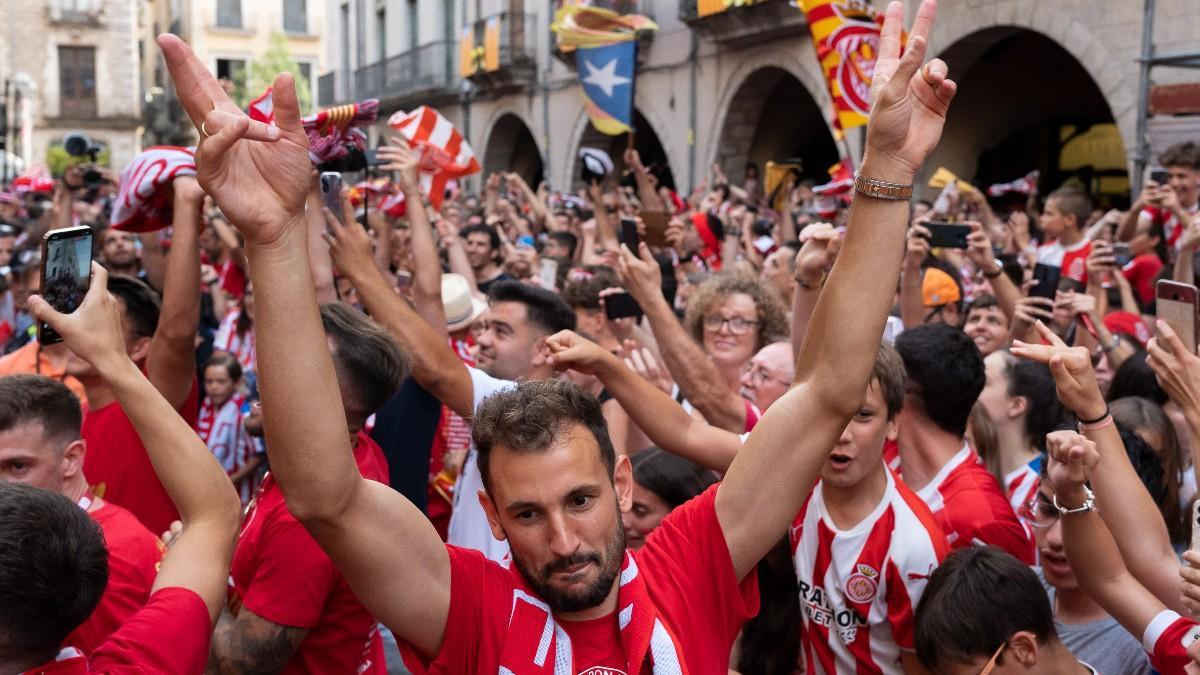 Stuani, durante la celebración en Girona