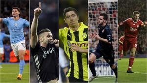 Julián Álvarez, Dušan Tadić, Robert Lewandowski, Miralem Pjanic y Steven Gerrard celebran sus goles ante el Real Madrid