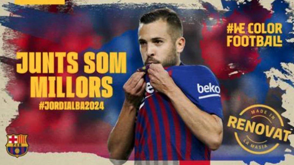 Imagen facilitada por el FC Barcelona del anuncio de renovación de Jordi Alba