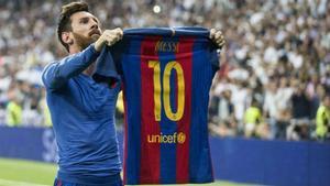 Leo Messi, celebrando un gol en el Santiago Bernabéu
