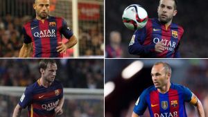Javier Mascherano, Jordi Alba, Ivan Rakitic y Andrés Iniesta Javier Mascherano, Jordi Alba, Ivan Rakitic y Andrés Iniesta