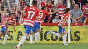 Los jugadores del Granada celebran un gol de Collado