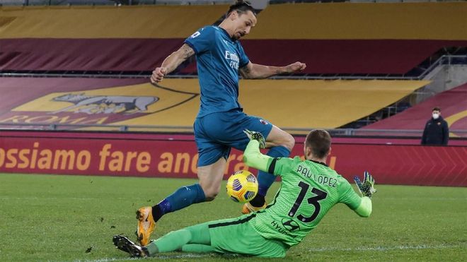Ibrahimovic encara a Pau Lopez durante la visita del Milan a la Roma Ibrahimovic encara a Pau Lopez durante la visita del Milan a la Roma