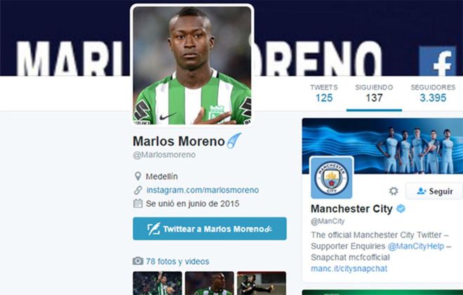 Marlos Moreno empezó a seguir al Manchester City Marlos Moreno empezó a seguir al Manchester City