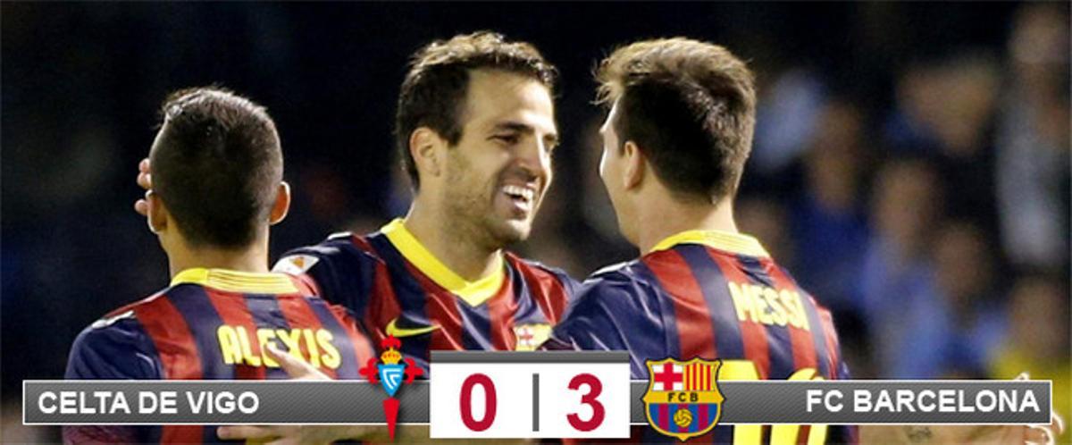Cesc celebra su gol con Messi y Alexi, otro de los goeladores en Balaídos. El Barça no tuvo piedad del Celta Cesc celebra su gol con Messi y Alexi, otro de los goeladores en Balaídos. El Barça no tuvo piedad del Celta