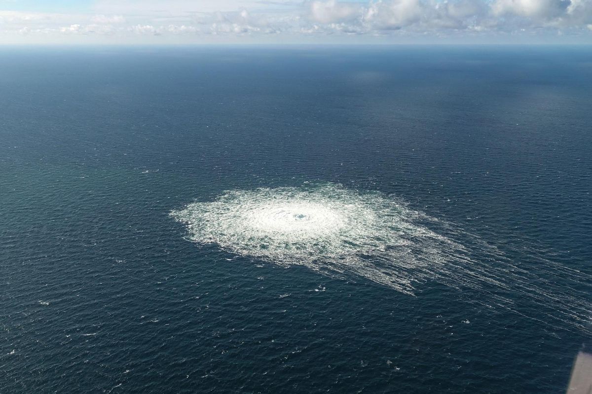 Vista aérea de una fuga en el gasoducto Nord Stream cerca de la isla de Bornholm, en Dinamarca Vista aérea de una fuga en el gasoducto Nord Stream cerca de la isla de Bornholm, en Dinamarca
