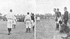 Dos imágenes del primer partido entre el Madrid y el Barça, jugado en Madrid con motivo de los festejos de la coronación de Alfonso XIII: la salida y el tanteo, según la información facilitada por la revista en la que se publicaron