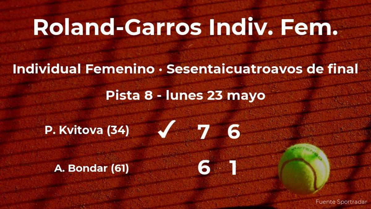 La tenista Petra Kvitova pasa a la siguiente fase de Roland-Garros tras vencer en los sesentaicuatroavos de final