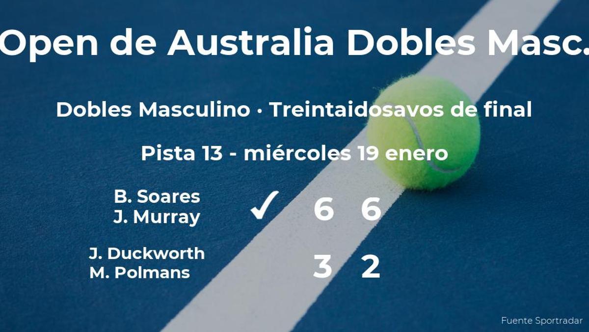 Soares y Murray ganaron a Duckworth y Polmans y estarán en los dieciseisavos de final del Open de Australia