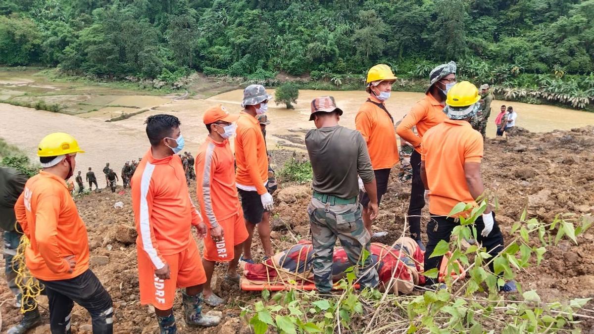 NDRF personnel during rescue operation in in Noney district of Manipur