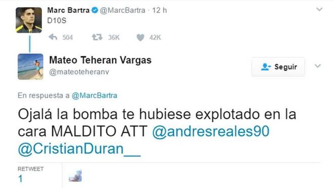 Este es el lamentable y denunciable mensaje a Marc Bartra Este es el lamentable y denunciable mensaje a Marc Bartra