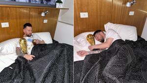 Messi durmiendo junto a la Copa del Mundo