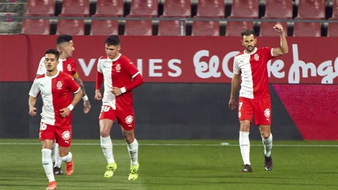 Los jugadores del Girona celebran un gol esta temporada. Los jugadores del Girona celebran un gol esta temporada.