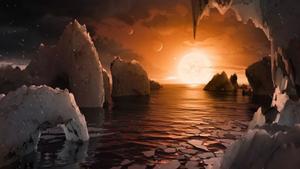 Recreación artística de la superficie del exoplaneta TRAPPIST-1f.