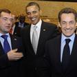 De izquierda a derecha, el presidente ruso, Dimitri Medvédev, el estadounidense, Barack Obama, y el francés, Nicolás Sarkozy, durante la cumbre de la OTAN de Lisboa de 2010.