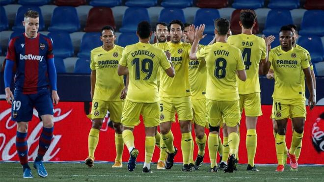 El Villarreal celebrando el golazo de Gerard Moreno. El Villarreal celebrando el golazo de Gerard Moreno.