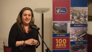 Elena Fort, en un momento de su intervención en la presentación del espacio expositivo para conmemorar los 100 años de unión entre el Barça y el barrio de Les Corts