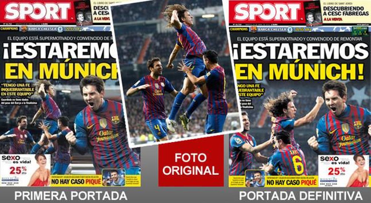 La primera portada, la fotografía original y la portada definitiva de SPORT La primera portada, la fotografía original y la portada definitiva de SPORT